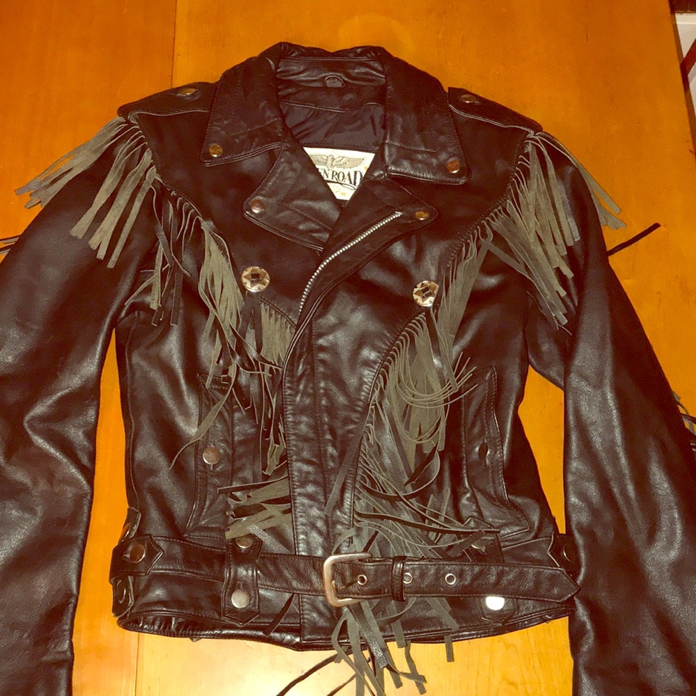 Vintage Black Leather Fringe Motorcycle Jacket